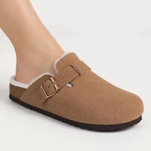 suede clogs, taupe clogs, cork footbed clogs