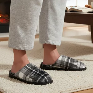 plaid slippers, warm house slippers, closed-toe house slippers, men's winter slippers